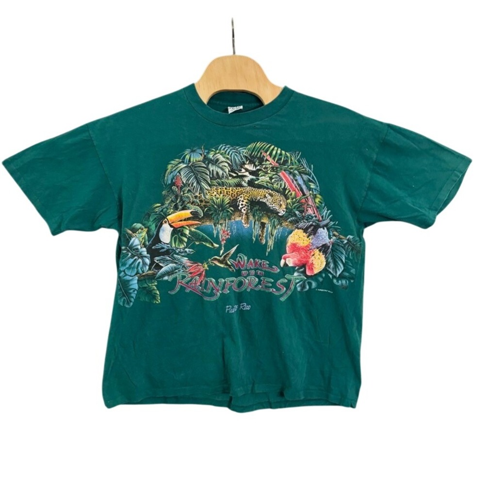 Vintage Cal Cru Rainforest Puerto Rico T-Shirt XXL Green Made in USA Leopard